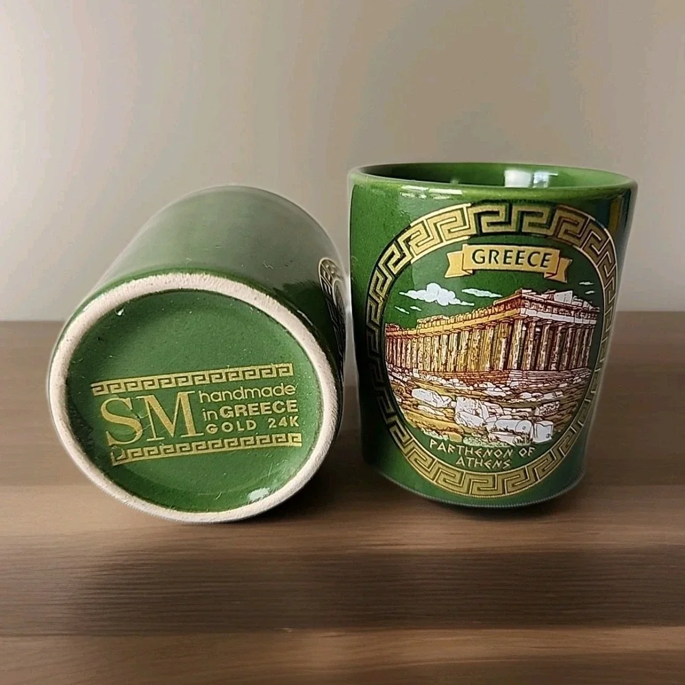 Lot 2 Vintage Greek Handmade Shot Glasses Parthenon of Athens Green w/24K Gold